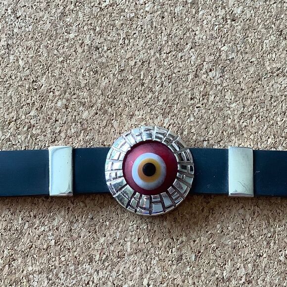 STERLING SILVER 925 SILICONE BLACK BAND RED EVAL EYE GOOD LUCK BRACELET STERLING - Picture 3 of 9